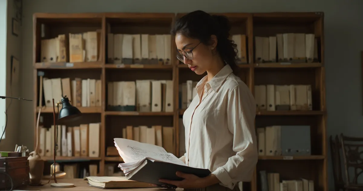 Analista de regulación energética consulta una carpeta normativa en una estantería de archivo ordenada cronológicamente