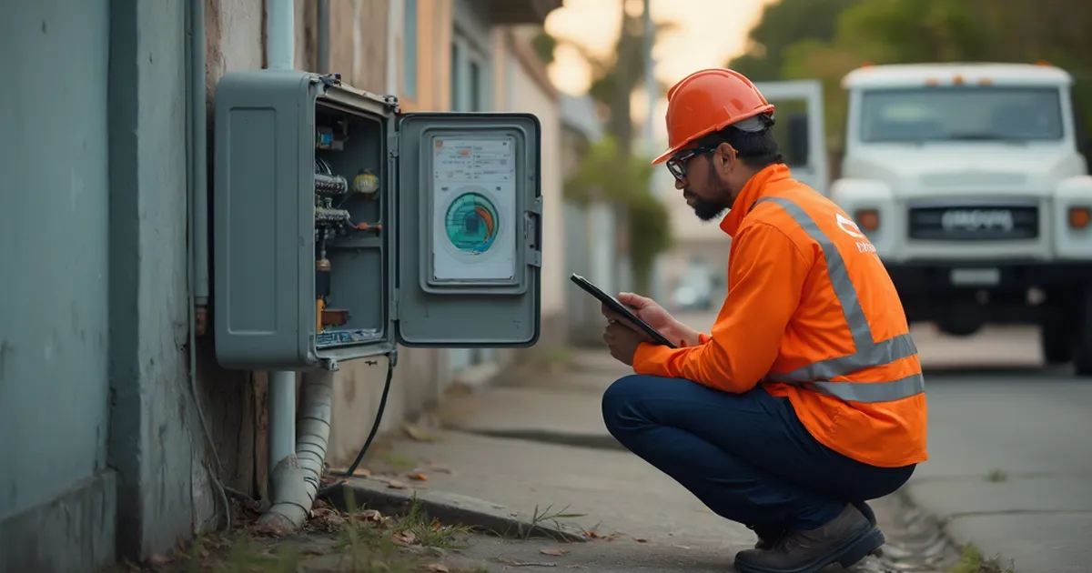 Técnico de una utility revisa una caja de conexión eléctrica en una calle residencial junto a una camioneta de servicio