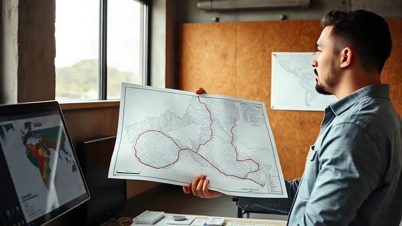 Técnica de GIS de un operador de ductos revisa con lápiz una ruta en un mapa de corredor recién impreso junto a un plotter.