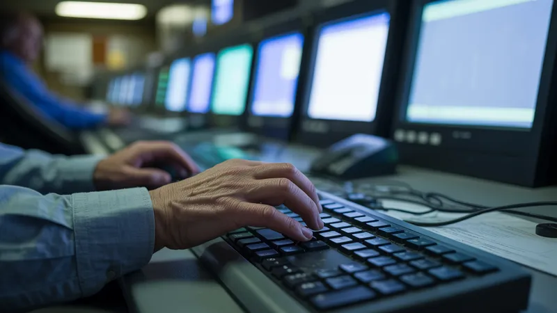 Operador de sala de control de una utility trabajando de madrugada frente a monitores de estado del sistema poco después de una puesta en producción