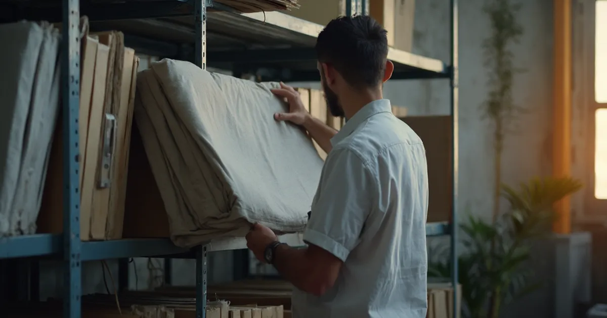 Analista de archivo de una empresa de servicios públicos cubre con una tela opaca parte de las carpetas de un estante metálico