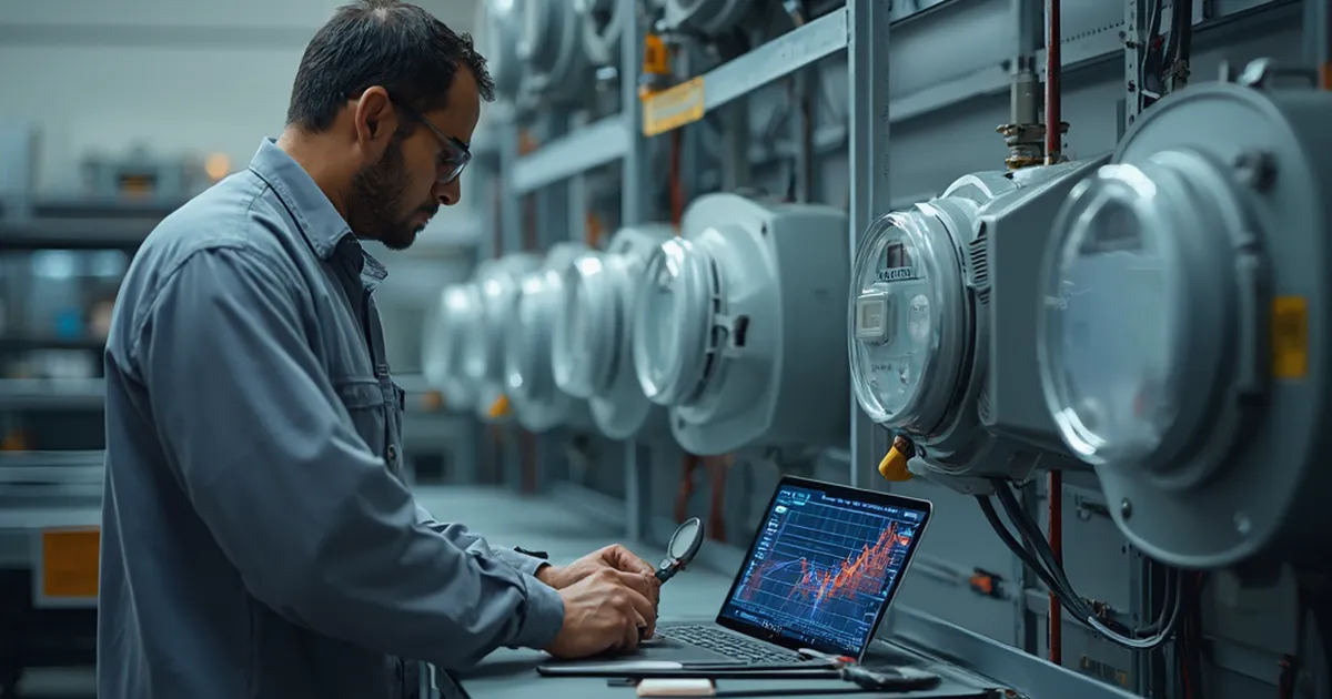 Analista de pérdidas de una distribuidora revisa en un monitor una curva de consumo por intervalos en una sala de control.