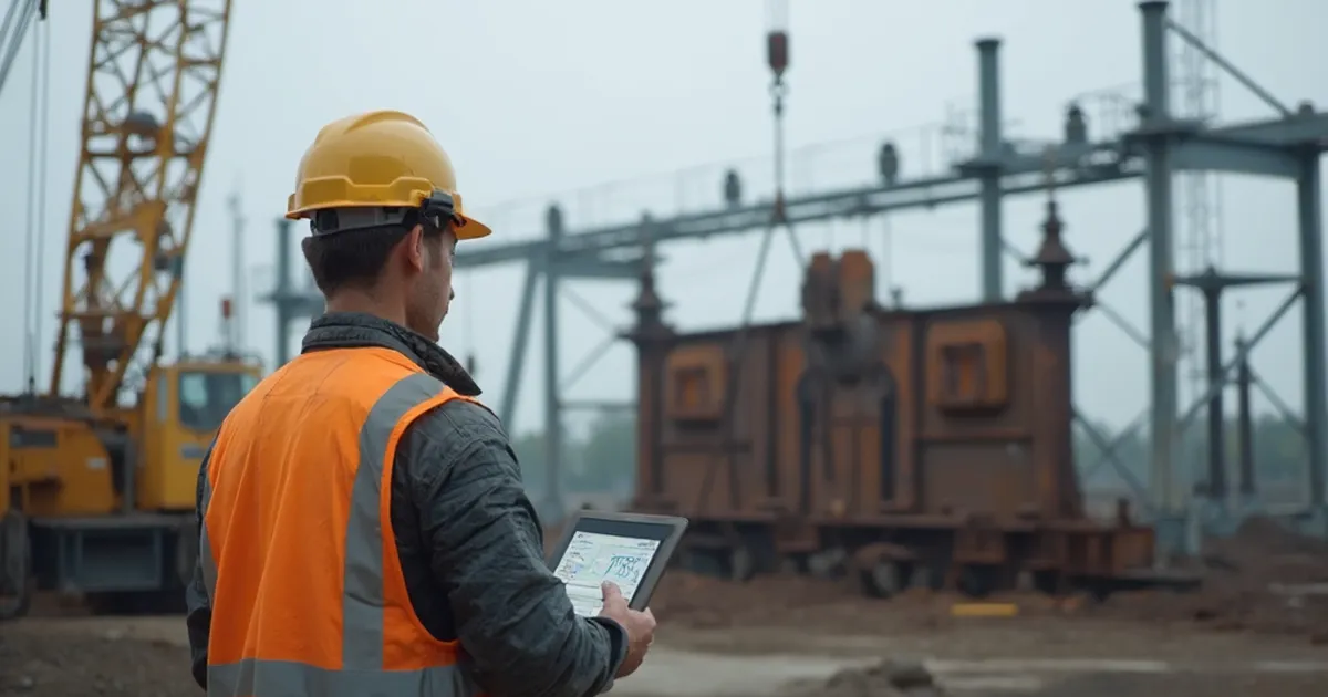 Supervisor de obra dirige una grúa que retira una estructura metálica antigua en un patio industrial, con una estructura nueva al fondo
