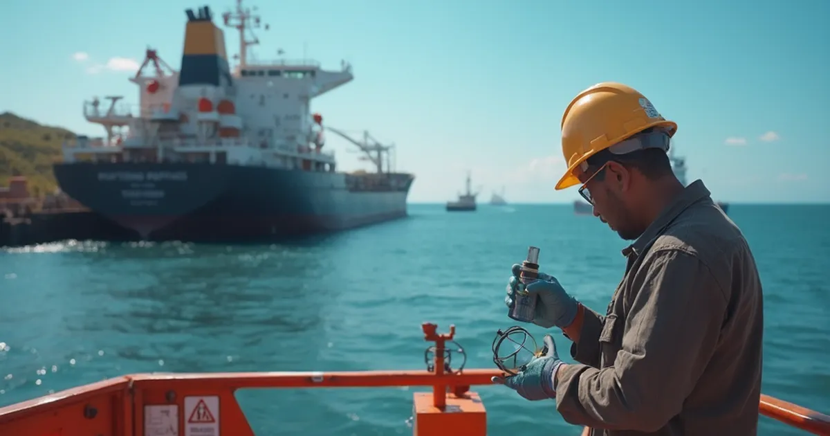 Una persona con equipo de protección toma una muestra de crudo en el muelle de un terminal de exportación, con un buque tanquero al fondo.