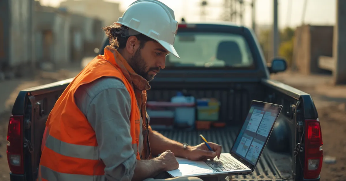Supervisor de campo de una empresa eléctrica bocetando la pantalla de una aplicación junto a una laptop en una subestación rural