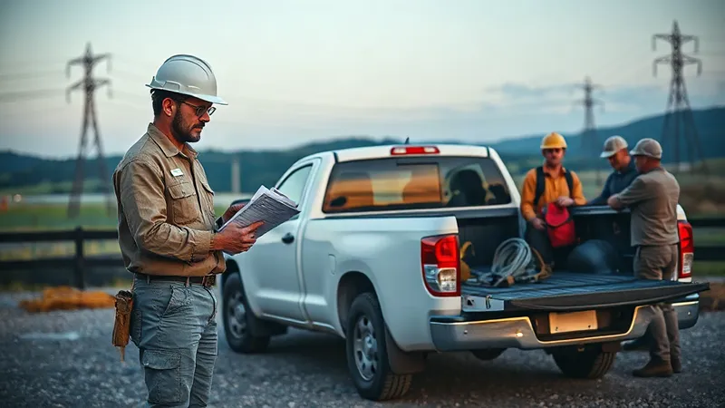 Supervisor de mantenimiento con casco blanco entrega una orden de trabajo impresa a un liniero junto a una camioneta de servicio, al amanecer, con torres de transmisión al fondo.