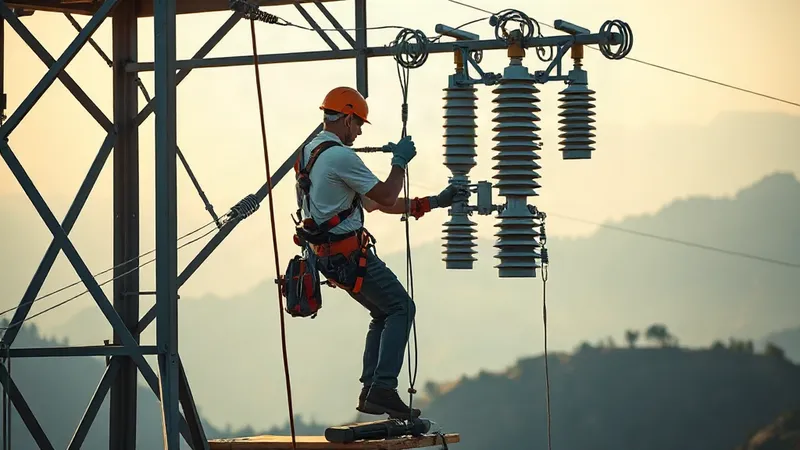 Liniero asegurado a la cruceta de una torre de transmisión instala una cadena de aisladores mientras un compañero en tierra le sube material con una cuerda.