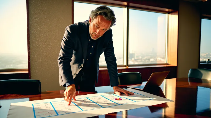 Arquitecto de proyecto revisando un roadmap de planificación impreso sobre una mesa de oficina