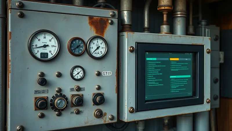 Panel de control industrial con instrumentos analógicos antiguos junto a una interfaz digital moderna
