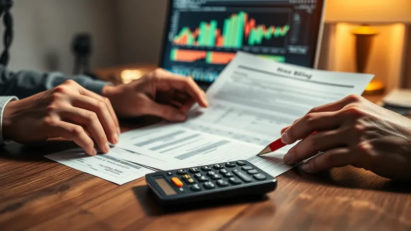 Manos conciliando reportes impresos de facturación regulada y regalías junto a una calculadora, con datos en pantalla desenfocados al fondo