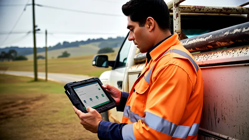 Técnico de campo de una empresa de utilities revisando una aplicación móvil en una tablet resistente junto a su camioneta de servicio, en un entorno rural