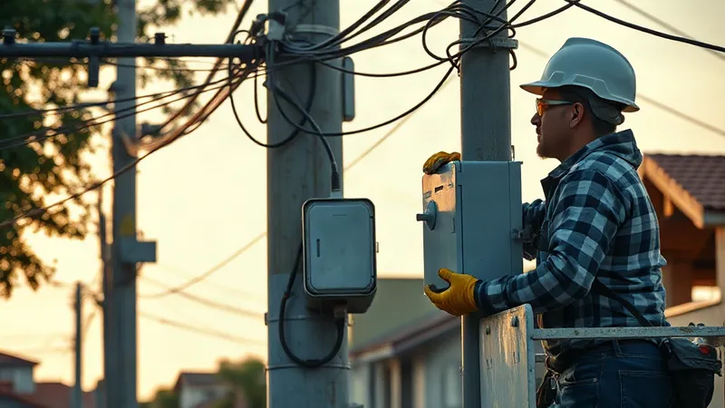 Técnico de distribución con casco y guantes aislantes, desde la canasta de un camión grúa, fija un gabinete de medición bajo un transformador de poste en una calle residencial.