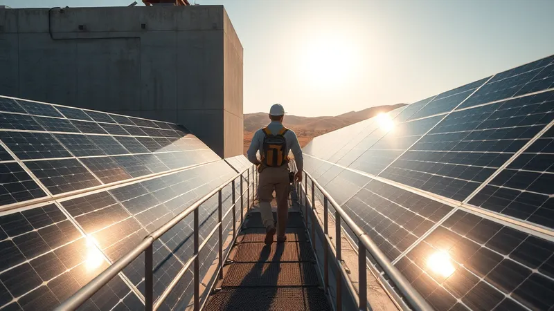 Técnico de mantenimiento camina por la pasarela de servicio de un techo industrial entre filas de paneles fotovoltaicos, con luz baja de la tarde sobre los módulos y cerros secos en el horizonte.