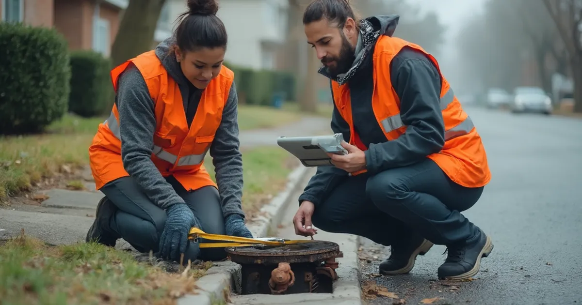 Operaria de una empresa de agua mide con cinta la distancia entre una caja de válvula abierta en la acera y el bordillo, junto a un compañero con una tablet.