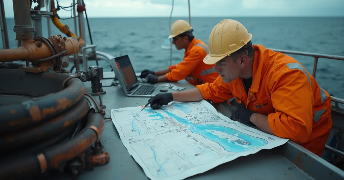 Ingeniera de proyectos costa afuera revisa un plano batimétrico de ruta submarina sobre la cubierta de una plataforma de gas en el Caribe