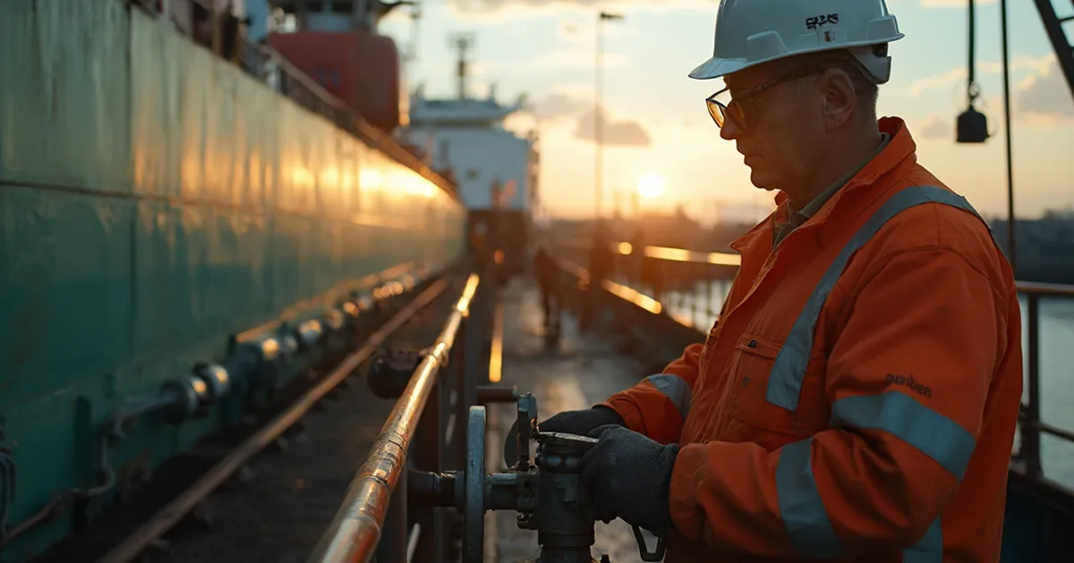 Una persona del área de operaciones trabaja junto a equipos de carga de crudo en una instalación industrial.