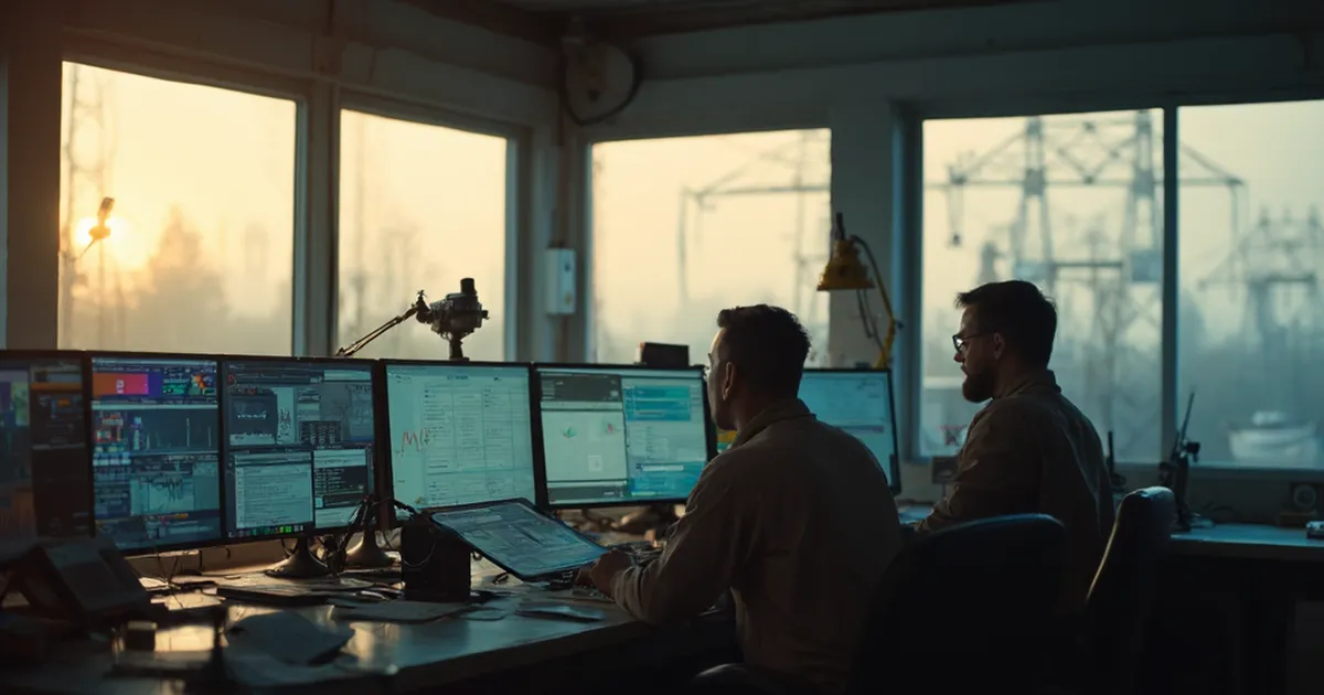 Sala de control industrial con paneles analógicos antiguos junto a una consola moderna de vidrio esmerilado, luz cálida de mañana