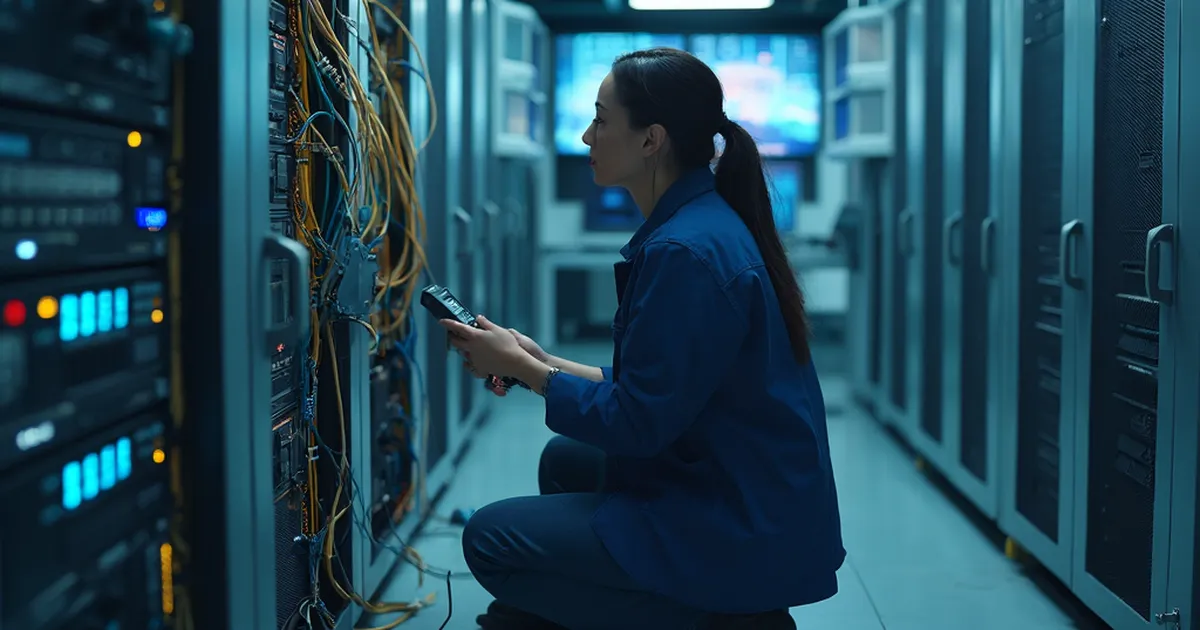 Sala de comunicaciones de un centro de control eléctrico con gabinetes de red y fibra ordenada en peines de colores