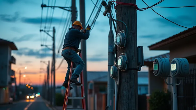 Técnico instalando un nuevo medidor inteligente en un poste de servicio al atardecer, con medidores antiguos aún visibles en la misma calle.