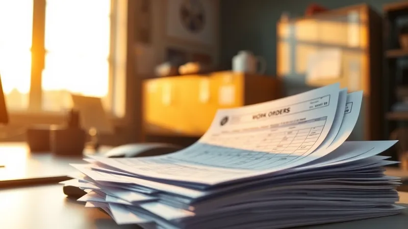 Pila de órdenes de trabajo apiladas sobre un escritorio, con texto ilegible por el desenfoque, iluminadas por luz cálida de tarde