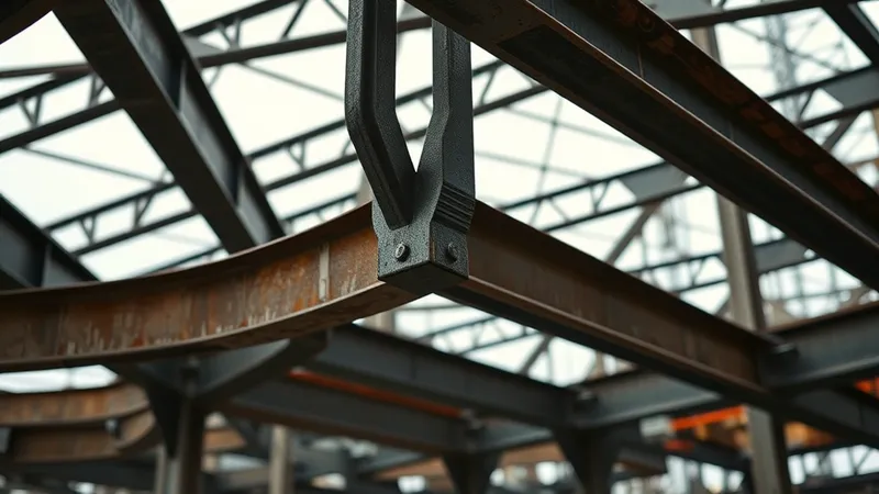 Vigas de acero estructural formando un entramado geométrico en un sitio industrial, bajo luz natural nublada