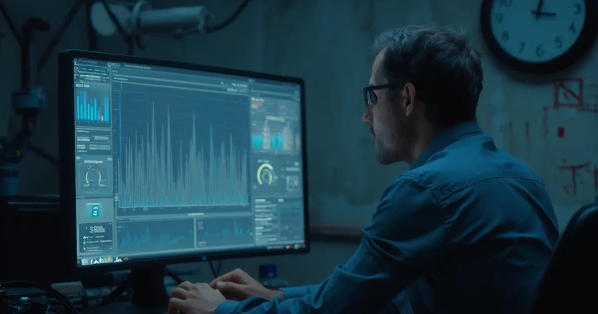 Ingeniero de plataforma SAP en turno nocturno revisando indicadores en la sala técnica de una distribuidora eléctrica durante una ventana de mantenimiento