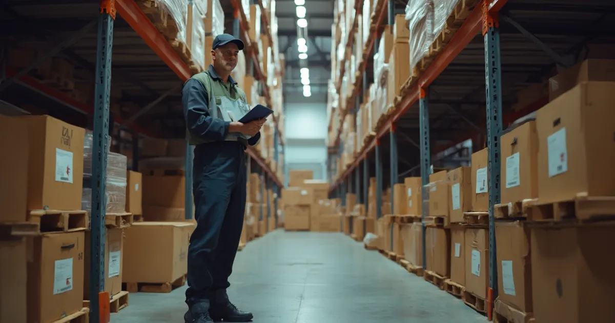 Operario de inventario revisa estantes industriales con cajas etiquetadas, algunas cubiertas de polvo y otras recién manipuladas