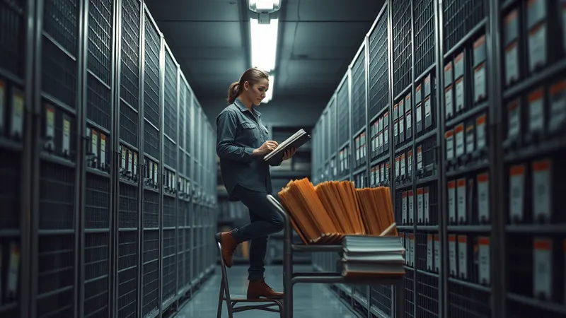 Estantes de inventario industrial con cajas etiquetadas, unas empolvadas y otras en uso reciente