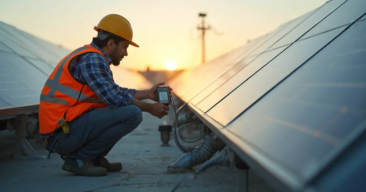 Ingeniero eléctrico inspeccionando filas de paneles solares sobre un techo industrial mexicano