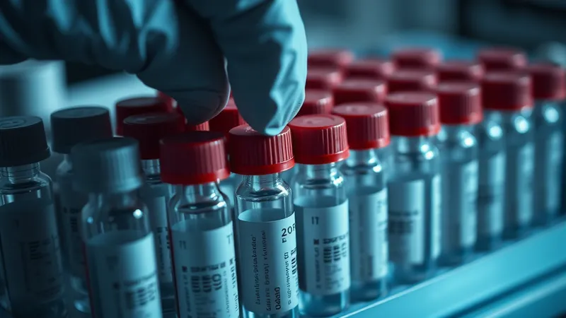 Mano enguantada de un técnico ordenando frascos de muestra codificados por color en un estante de laboratorio