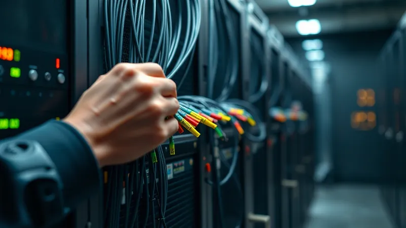 Manos de un técnico trazando cables de red codificados por color en un rack de servidores organizado