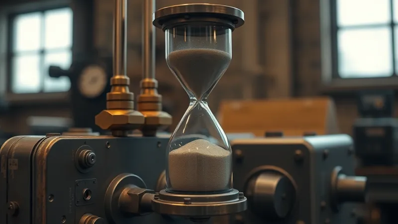 Reloj de arena industrial de gran formato con estructura de bronce sobre un panel de control metálico desgastado, simbolizando el tiempo limitado de una ventana de corte técnico.