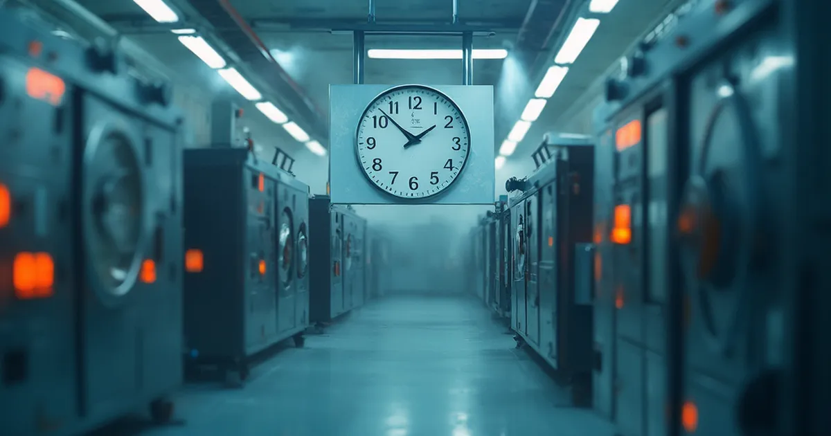 Sala de máquinas con turbinas industriales detenidas y un reloj de pared de gran formato marcando la hora, vapor tenue en el aire