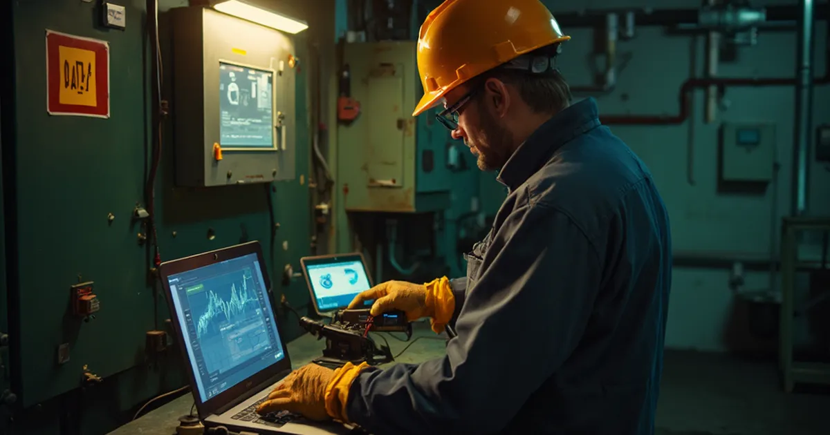 Una persona de mantenimiento eléctrico conecta un instrumento de medición a un equipo eléctrico en una instalación industrial.