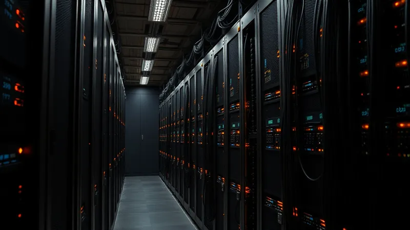 Rack de equipos técnicos con luces indicadoras de estado en filas y cableado organizado, ambiente de sala de datos.