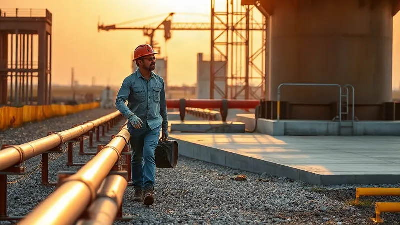 Una persona supervisa obras de construcción junto a una instalación petrolera.