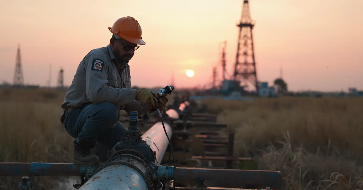 Una persona del área de medición revisa un equipo de medición en una instalación petrolera al aire libre.
