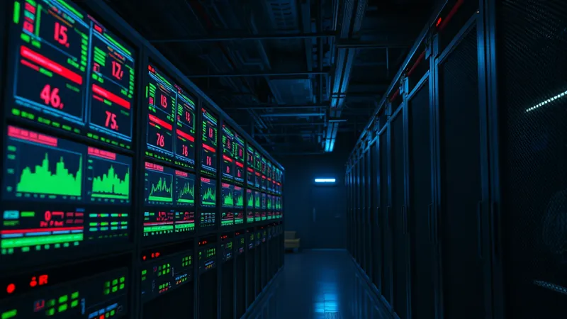 Sala de servidores con indicadores de errores silenciosos en dashboards de monitoreo