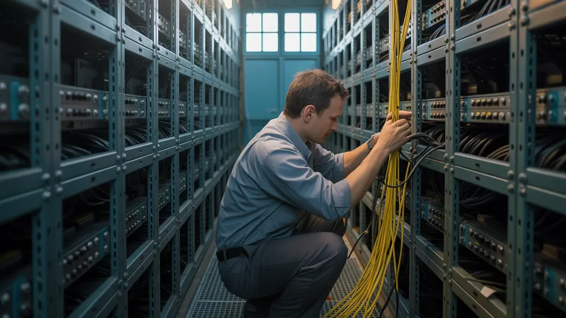 Una persona del área de telecomunicaciones conecta un cable de fibra en un rack de equipos de transmisión.