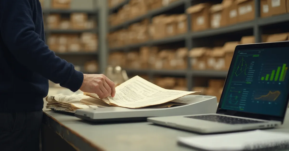 Una persona del área de gestión de datos digitaliza un documento impreso en un espacio de trabajo.