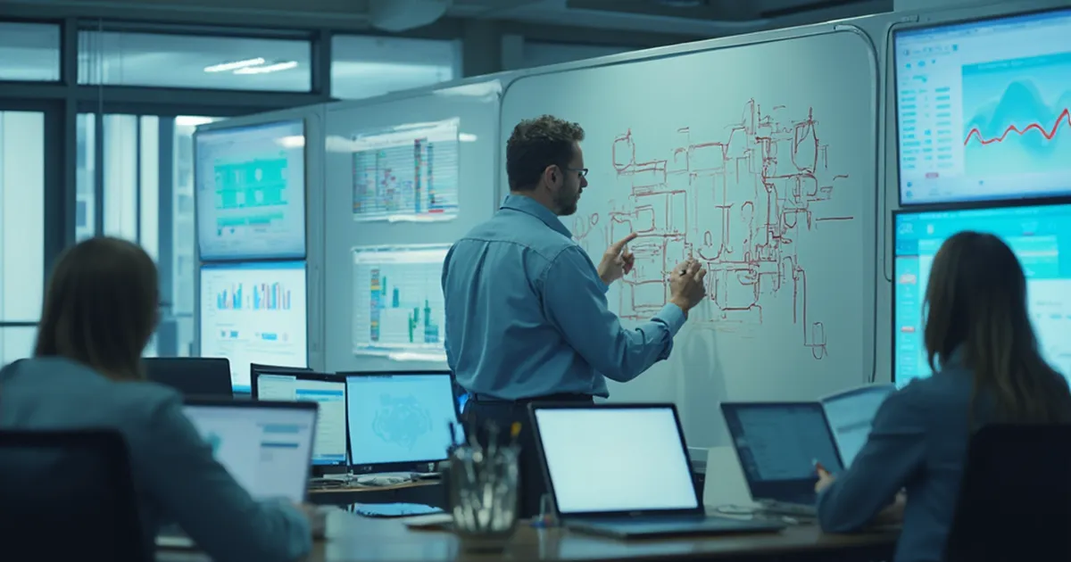 Arquitecto de integración dibujando un diagrama de bloques en una pizarra durante una reunión técnica de una empresa de servicios públicos