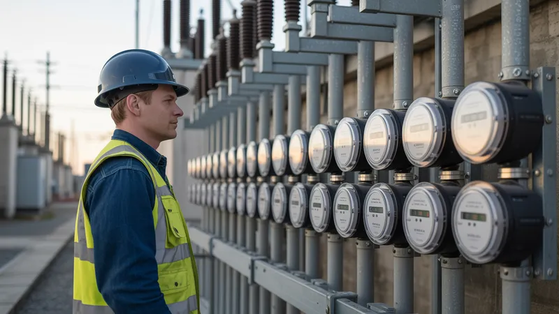Técnico de servicios públicos revisando medidores inteligentes instalados en una subestación eléctrica industrial