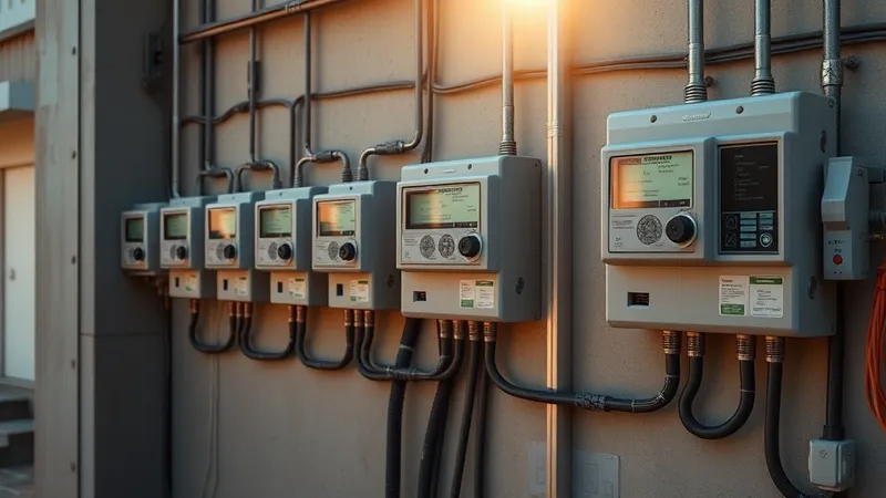 Banco de varios medidores eléctricos inteligentes montados juntos en un panel compartido de un sitio de generación distribuida