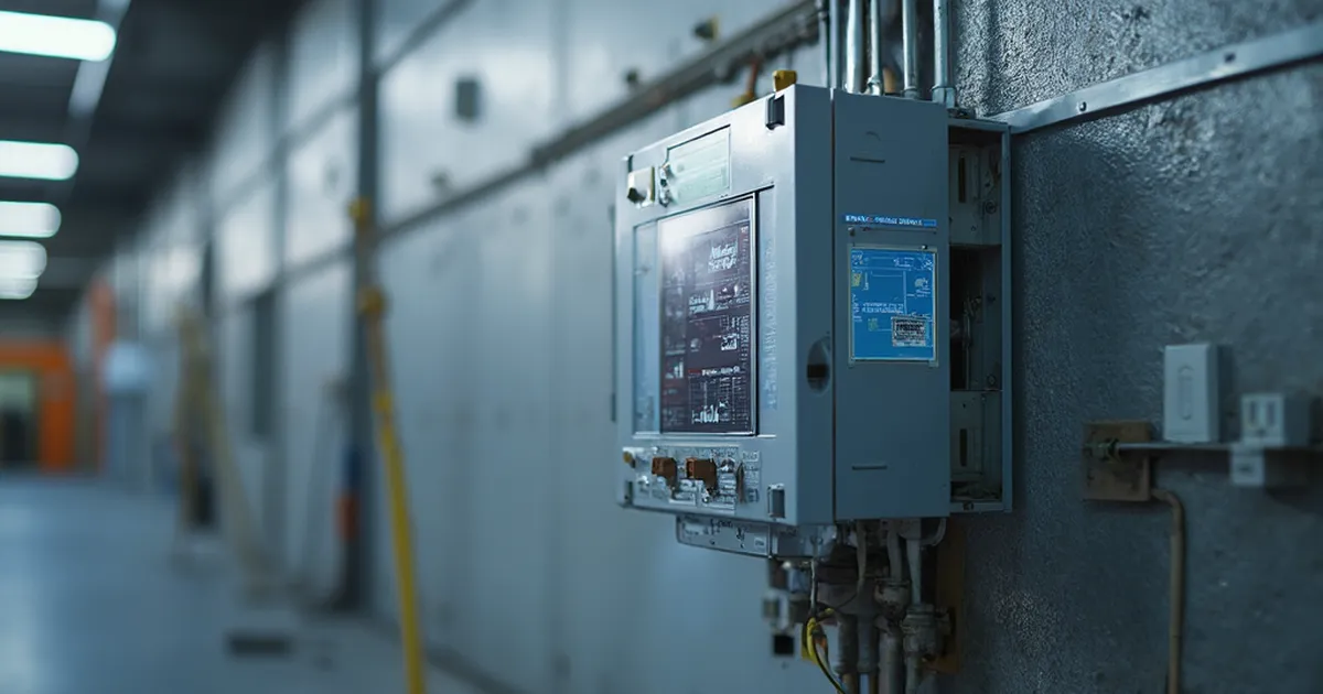 Inversor fotovoltaico industrial montado en pared técnica con conductores etiquetados y caja de conexiones abierta mostrando terminales de cobre