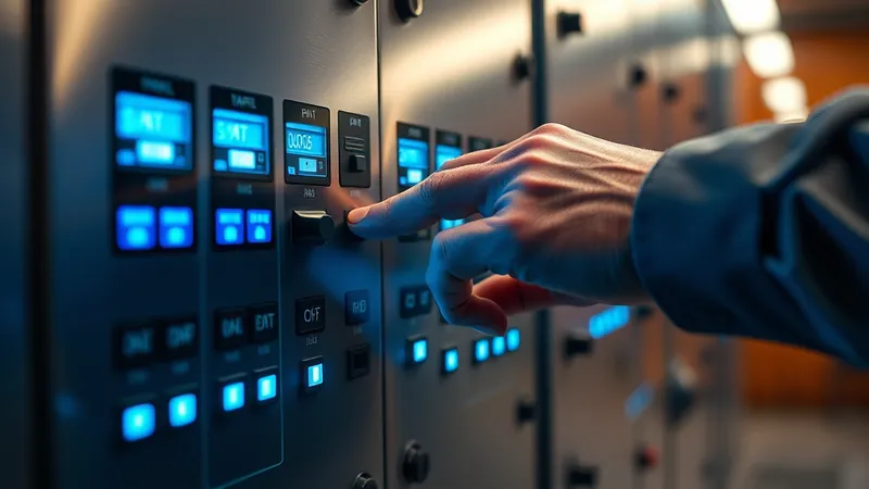 Manos de un analista de facturación ajustando interruptores de configuración en un panel de tarifas dentro de una oficina técnica de una utility brasileña