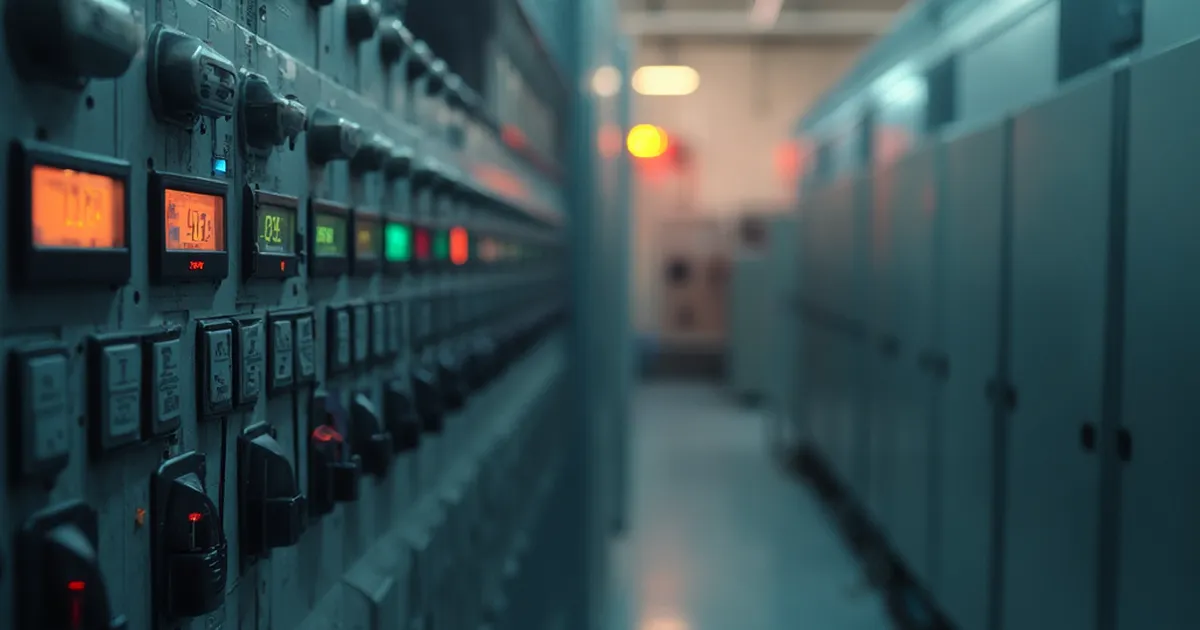 Panel de control eléctrico industrial con interruptores etiquetados y medidor digital de energía en una sala técnica de subestación