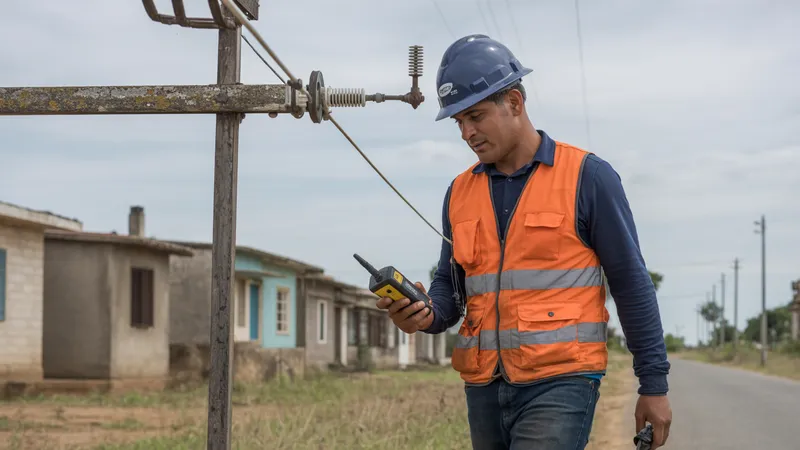 Ingeniero de distribución con casco y chaleco reflectivo camina junto a una línea aérea de media tensión en una calle periurbana, observando una derivación en la cruceta.