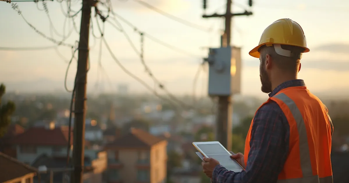 Poste de media tensión con transformador de distribución y línea troncal extendiéndose hacia el horizonte urbano en una tarde clara