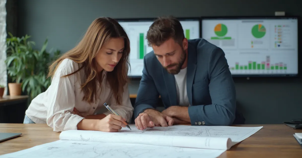Analista de planificación e ingeniero de proyectos de una empresa de servicios públicos revisan el expediente de una obra de red sobre una mesa con un plano desplegado
