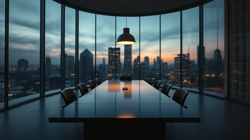 Sala de juntas moderna y vacía al atardecer, vista a través de ventanales de piso a techo, con el perfil urbano difuminado al fondo